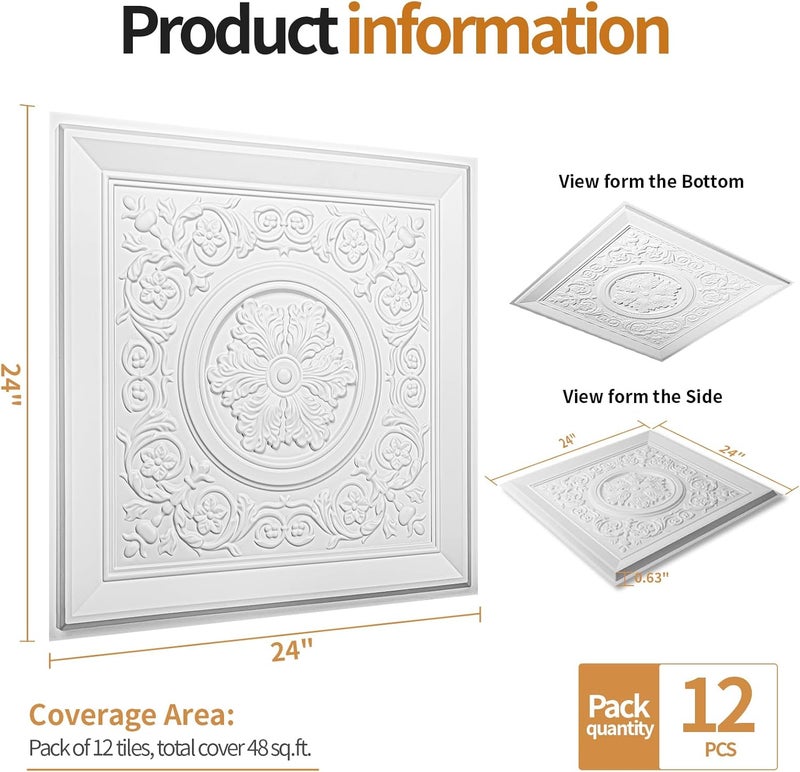 WOWSTAR 12-Pack 24"x24" Drop Ceiling Tiles, Waterproof Glue up Vintage Style 3D Ceiling Tiles, White - Image 4